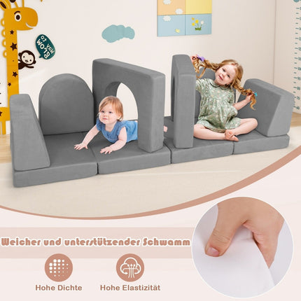 Children's sofa 8-piece play sofa made of foam building blocks with comfortable suede fabric gray
