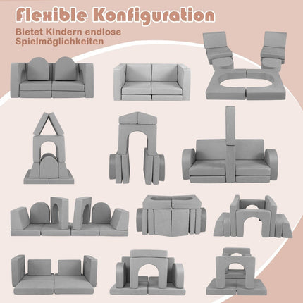 Children's sofa 8-piece play sofa made of foam building blocks with comfortable suede fabric gray