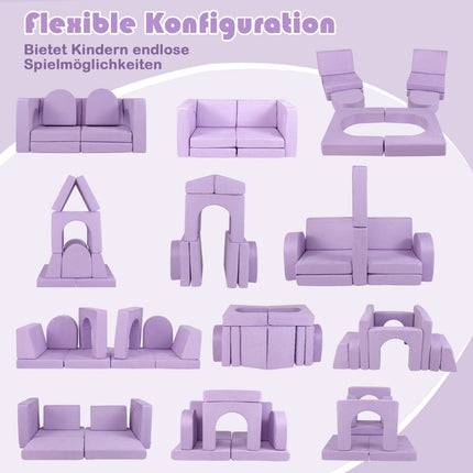 Children's sofa 8-piece play sofa made of foam building blocks with comfortable suede fabric purple