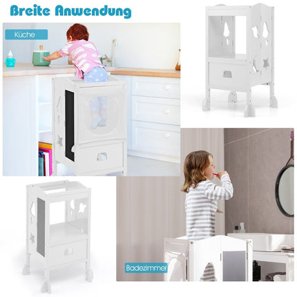 Children's step stool with 2-stage adjustable height and safety net for children aged 18 months and over, white