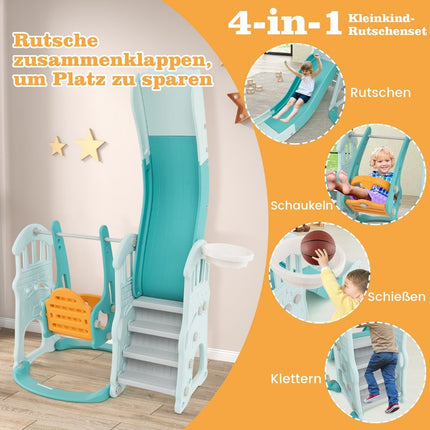 Children's swing with height-adjustable baby slide 4 in 1 swing & slide & basketball hoop & ladder green