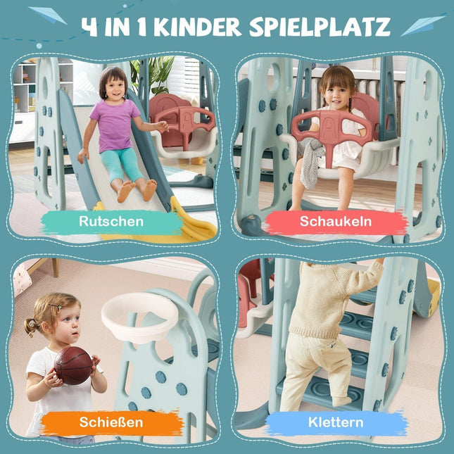 Children's swing with slide, height-adjustable seat, 4 in 1 swing & slide & basketball hoop & ladder for children from 18 months