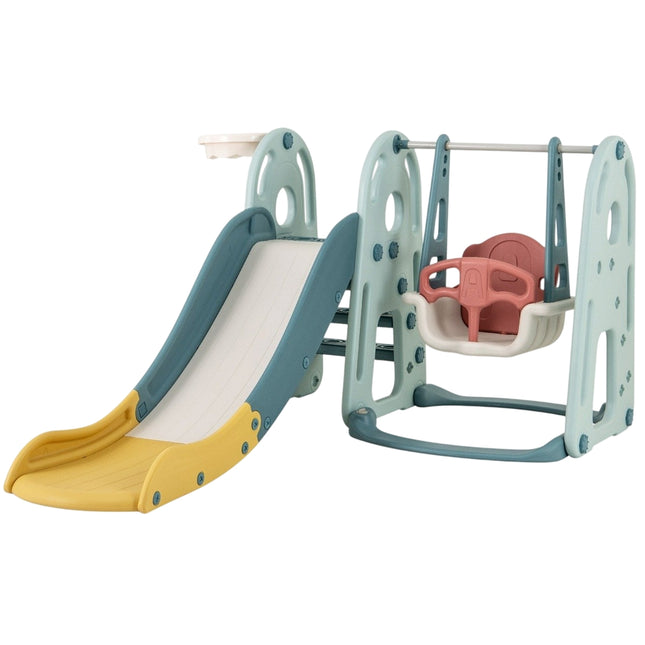 Children's swing with slide, height-adjustable seat, 4 in 1 swing & slide & basketball hoop & ladder for children from 18 months