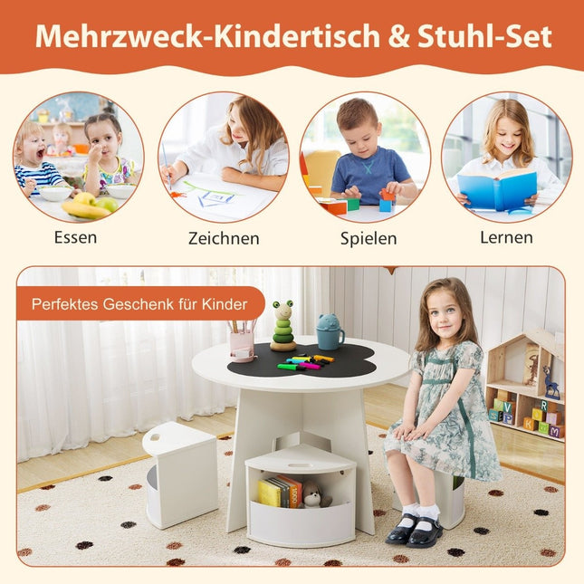 Children's table and chair set, round, 5-piece wooden children's seating group with 4 storage stools, white