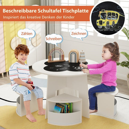 Children's table and chair set, round, 5-piece wooden children's seating group with 4 storage stools, white