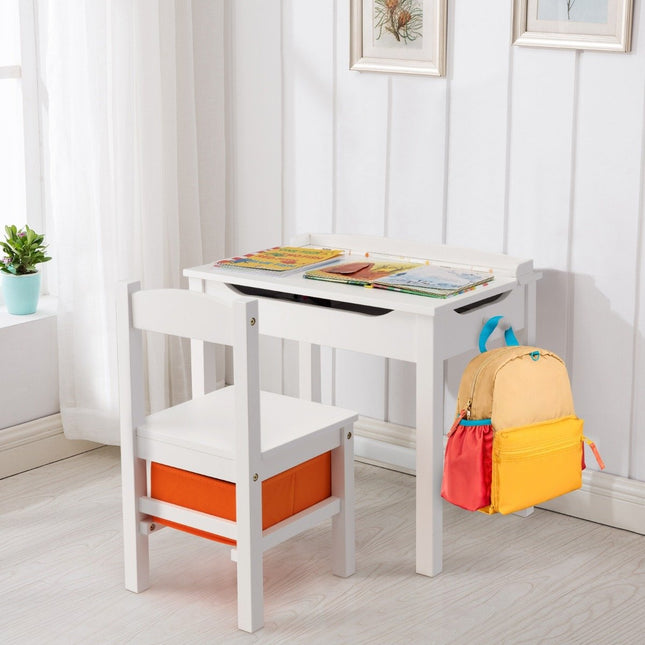 Children's table + chair made of solid wood with folding table top & drawer & hooks white