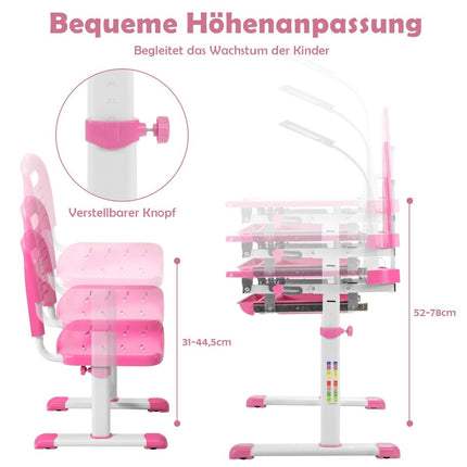 Children's table children's desk set with book stand and LED light for boys and girls pink