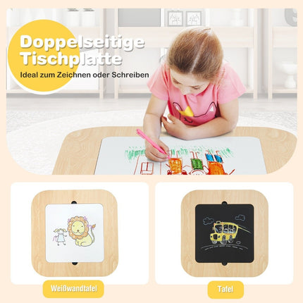 Children's table with 2 chairs 3-piece children's seating group made of wood with double-sided table top