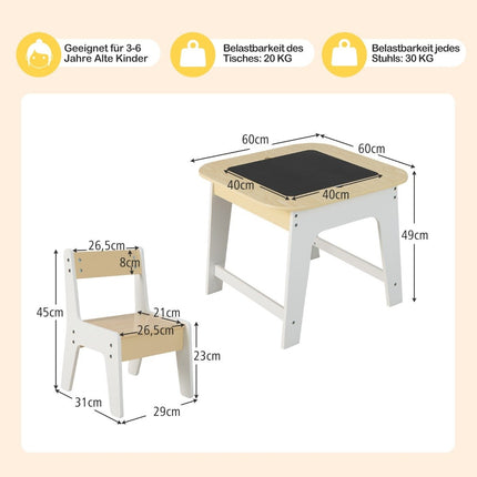 Children's table with 2 chairs 3-piece children's seating group made of wood with double-sided table top