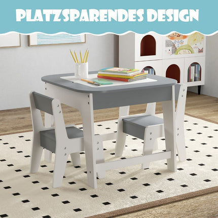 Children's table with 2 chairs 3-piece children's seating group made of wood with double-sided table top grey