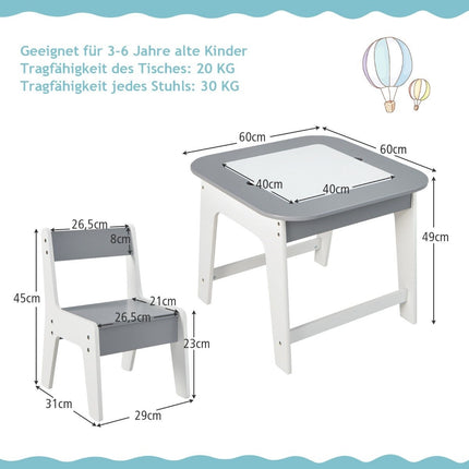 Children's table with 2 chairs 3-piece children's seating group made of wood with double-sided table top grey