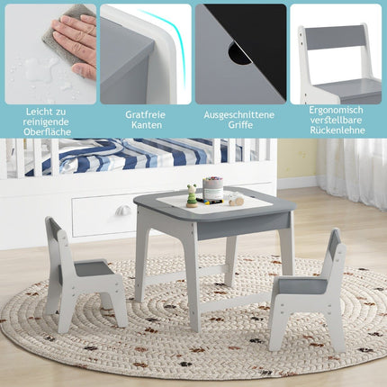 Children's table with 2 chairs 3-piece children's seating group made of wood with double-sided table top grey