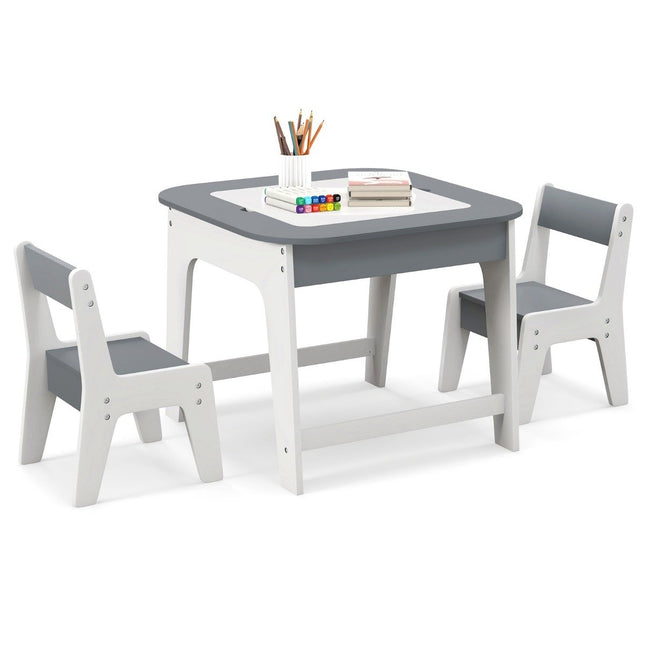 Children's table with 2 chairs 3-piece children's seating group made of wood with double-sided table top grey