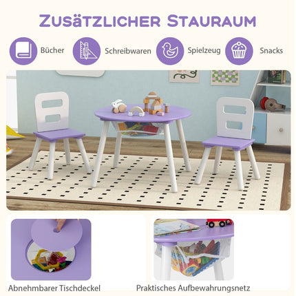 Children's table with 2 chairs 3 pieces. Children's seating set made of wood, children's seating set with removable table cover, purple
