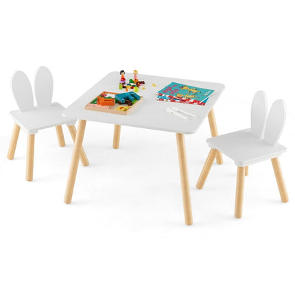 Children's table with 2 chairs (3-piece set). Children's seating group with solid wood legs and bunny ears backrest.