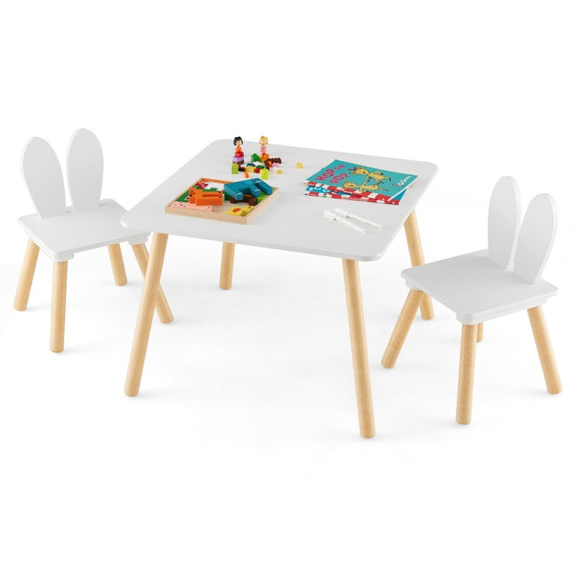 Children's table with 2 chairs (3-piece set). Children's seating group with solid wood legs and bunny ears backrest.