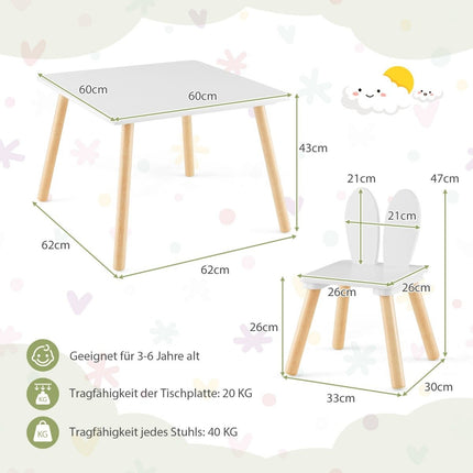 Children's table with 2 chairs (3-piece set). Children's seating group with solid wood legs and bunny ears backrest.