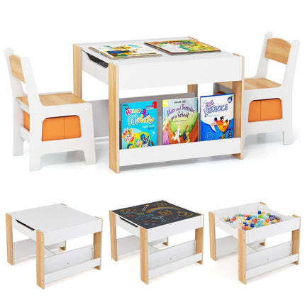 Children's table with 2 chairs &amp; Reversible table top &amp; Bookshelves 3-piece children's seating group natural