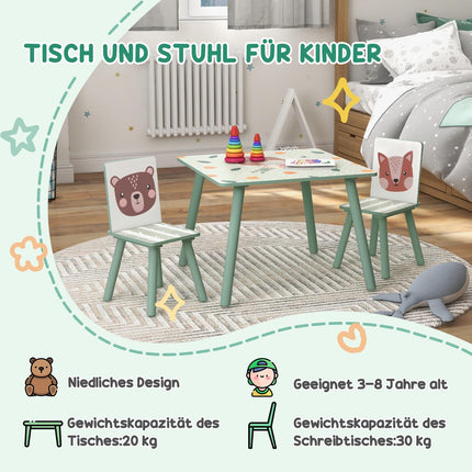 Children's table and chairs - animal design, 3-8 years, green
