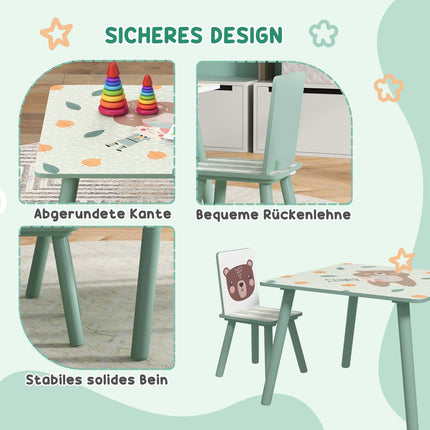 Children's table and chairs - animal design, 3-8 years, green
