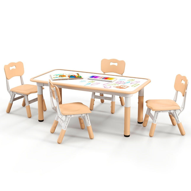 Children's table with 4 chairs set with graffiti table top. Height-adjustable children's seating group natural