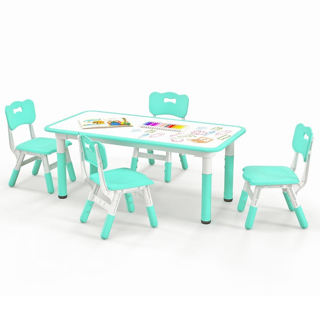 Children's table with 4 chairs set with graffiti table top, height-adjustable children's seating group, green