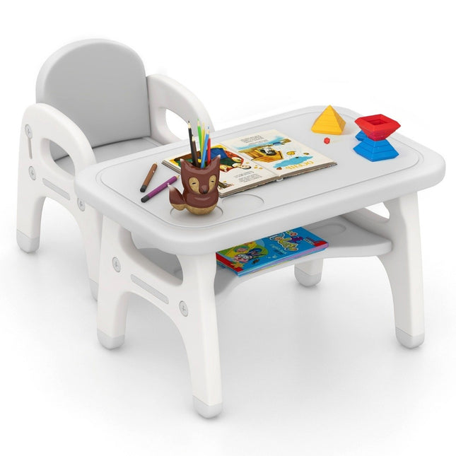 Children's table with chair Children's seating group with building blocks & shelf Children's table chair set gray