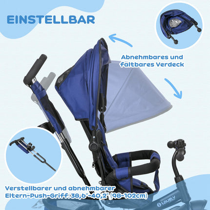 Toddler Tricycle with Push Handle, Sun Canopy, Dark Blue