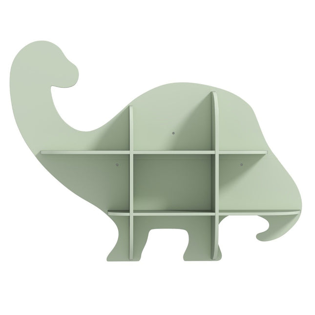 Children's wall bookcase with 2 shelves and 6 open compartments, wooden dinosaur children's shelf