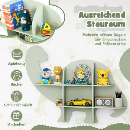 Children's wall bookcase with 2 shelves and 6 open compartments, wooden dinosaur children's shelf