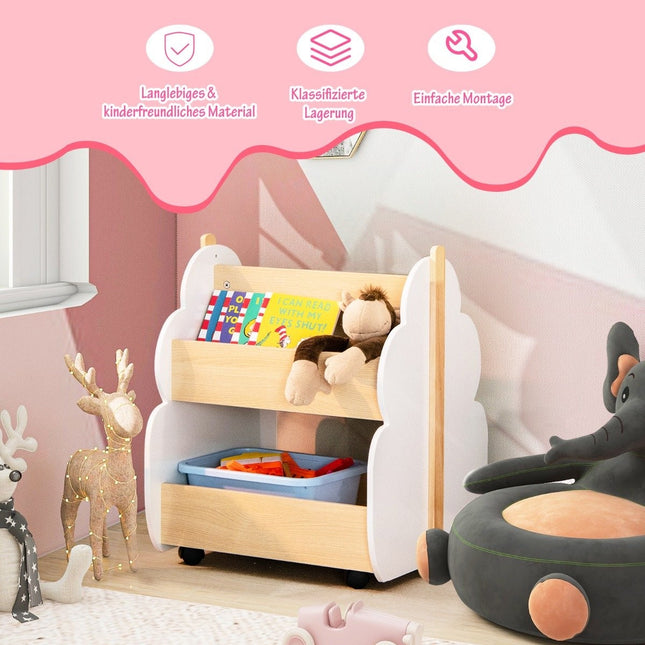 Children's wooden bookcase with universal wheels 2 levels toy shelf on wheels white + natural