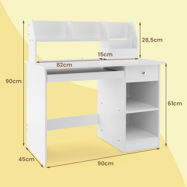 Children's wooden desk with storage & bookshelf & keyboard tray & drawer white