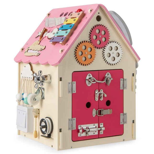 Children's wooden playhouse with sensory games and storage space for children aged 3 and over. Pink