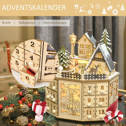 Wooden train advent calendar with 24 LED gift boxes