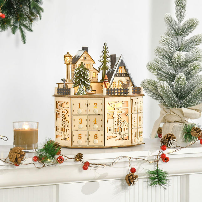 Wooden train advent calendar with 24 LED gift boxes