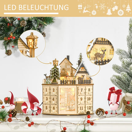 Wooden train advent calendar with 24 LED gift boxes