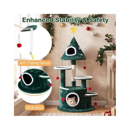 Christmas Cat Tree 50 Inch with 2 Condos and Sisal Post, Green, Star Spring Toy