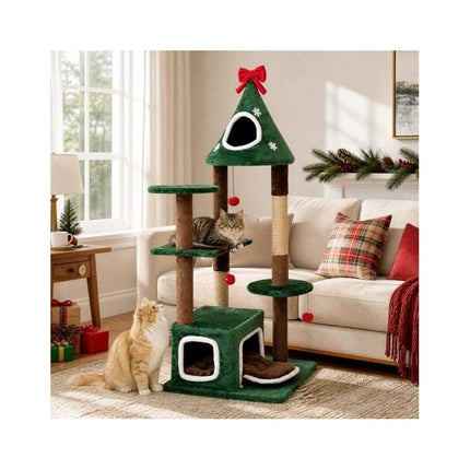 Christmas Cat Tree 54 Inch with 2 Condos and Jute Post, Removable Cushion, Green