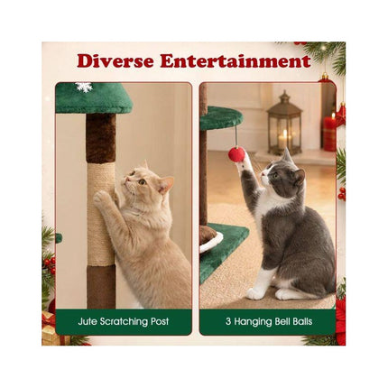 Christmas Cat Tree 54 Inch with 2 Condos and Jute Post, Removable Cushion, Green