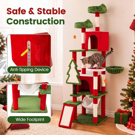 Christmas Cat Tree 75 Inch with 2 Large Condos and Hammock, Red/Green