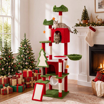 Christmas Cat Tree 75 Inch with 2 Large Condos and Hammock, Red/Green