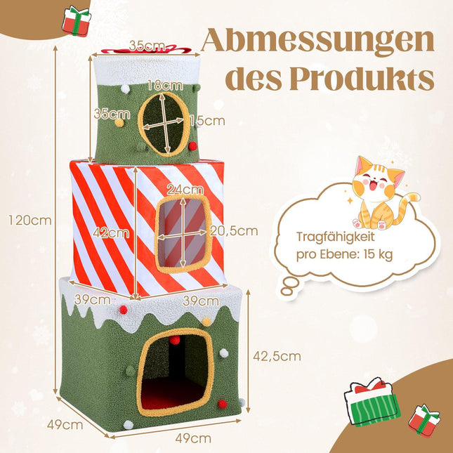 Christmas Cat Tree with 3 Cozy Houses, 120 cm Indoor