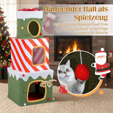 Christmas Cat Tree with 3 Cozy Houses, 120 cm Indoor