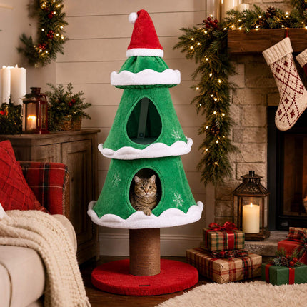 Christmas Cat Tree with Snow Decorations, 130cm Tall