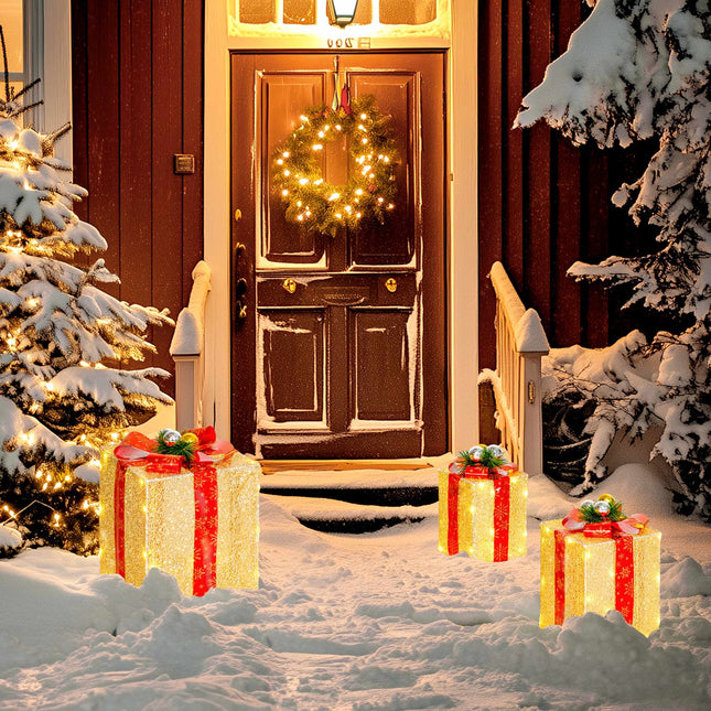 Christmas Gift Box Lights Set, 3-Piece, 58 LEDs, Gold
