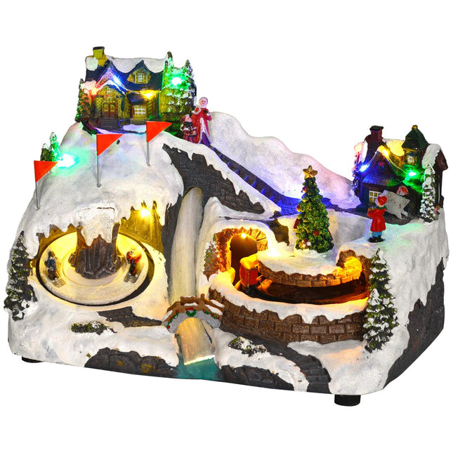 Kerstdorp Kerststad met LED-verlichting, muziek, huizen, schaatsers, roterende schaatsers en rijdende trein, winterlandschap voor Kerstmis, veelkleurig