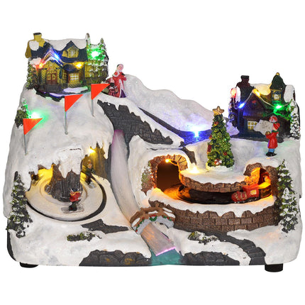 Christmas village with LED lights, music and moving train