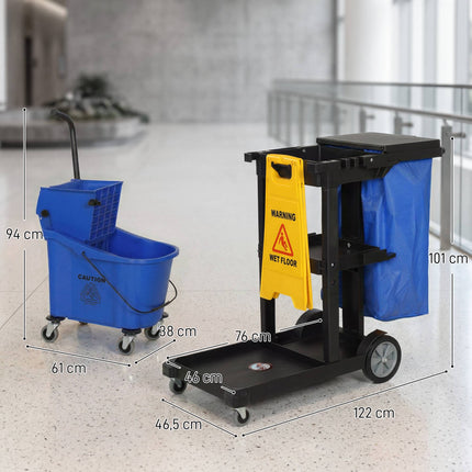 Cleaning Cart with 3 Shelves, 70L Bag, Mop Bucket, Blue