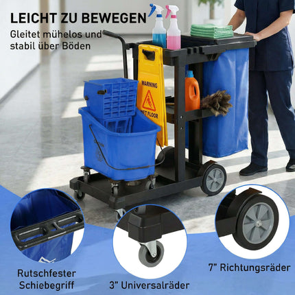Cleaning Cart with 3 Shelves, 70L Bag, Mop Bucket, Blue
