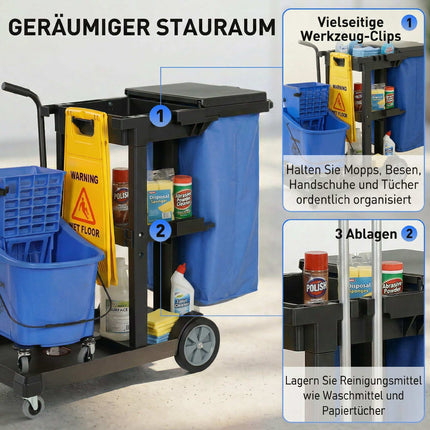 Cleaning Cart with 3 Shelves, 70L Bag, Mop Bucket, Blue